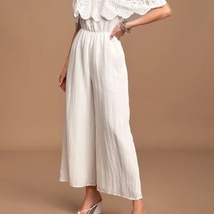 Lulu’s White Eyelet Lace Off-the-Shoulder Jumpsuit